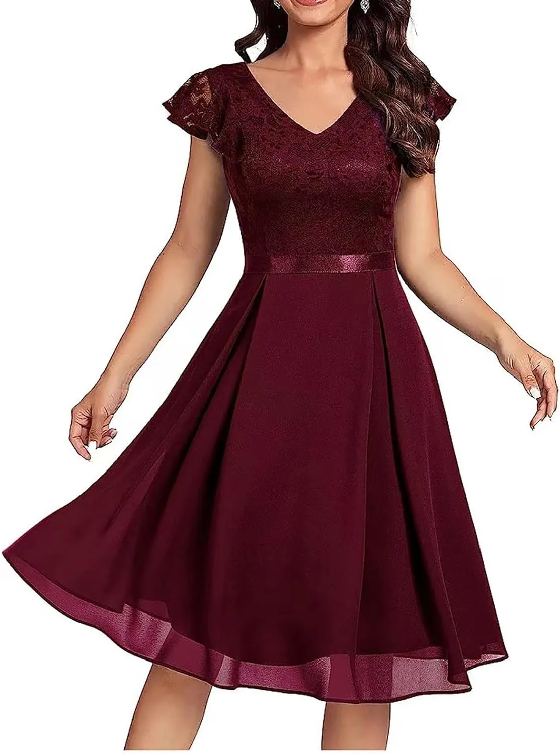 Women's Elegant Floral Lace V Neck Ruffle Cap Sleeve Cocktail Party Dress Bridesmaid Prom Dresses Vintage Swing Dress