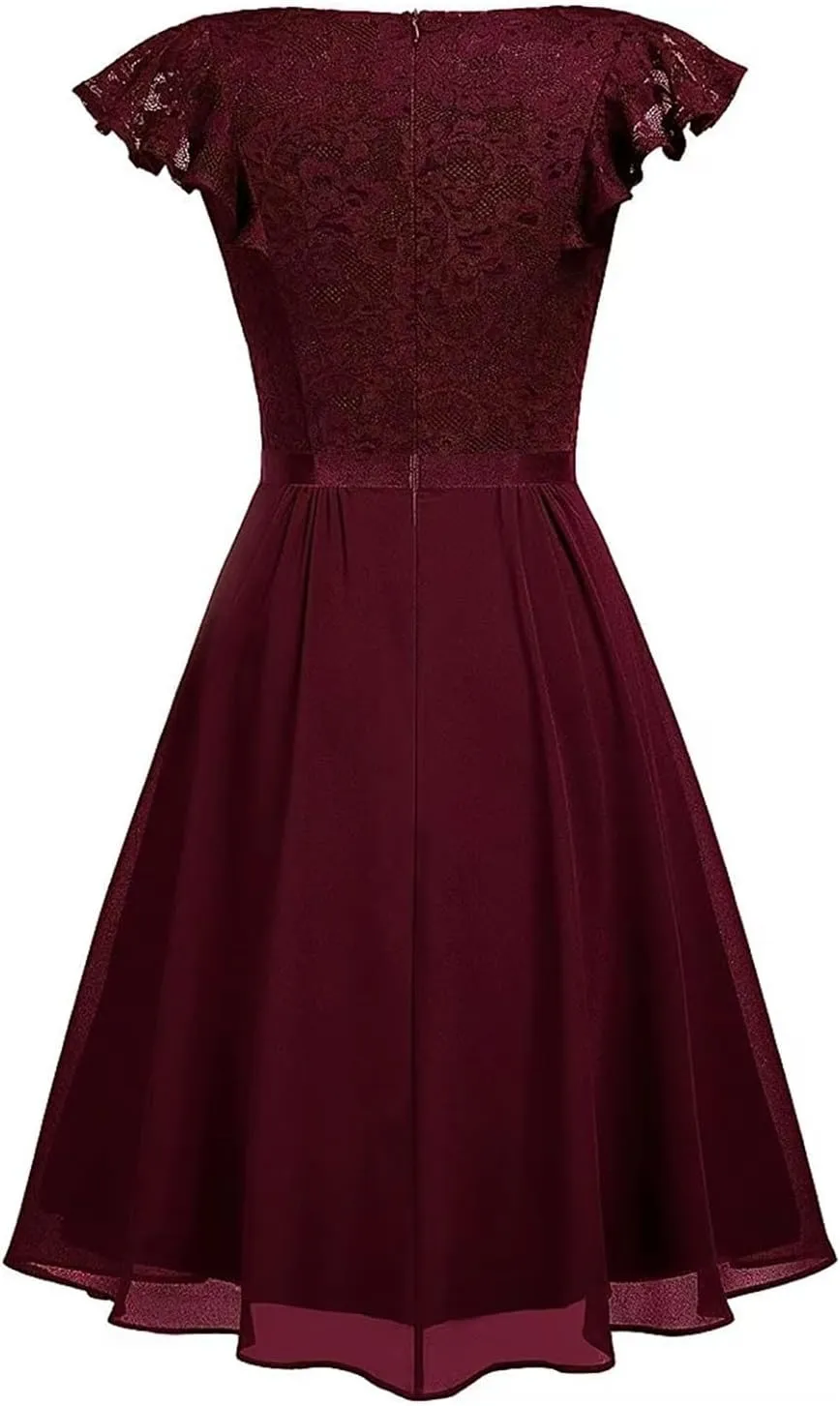 Women's Elegant Floral Lace V Neck Ruffle Cap Sleeve Cocktail Party Dress Bridesmaid Prom Dresses Vintage Swing Dress