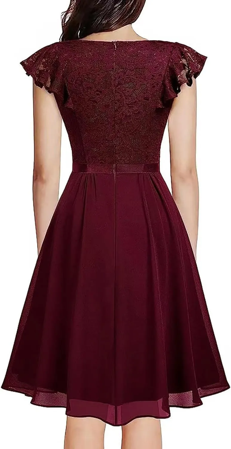 Women's Elegant Floral Lace V Neck Ruffle Cap Sleeve Cocktail Party Dress Bridesmaid Prom Dresses Vintage Swing Dress