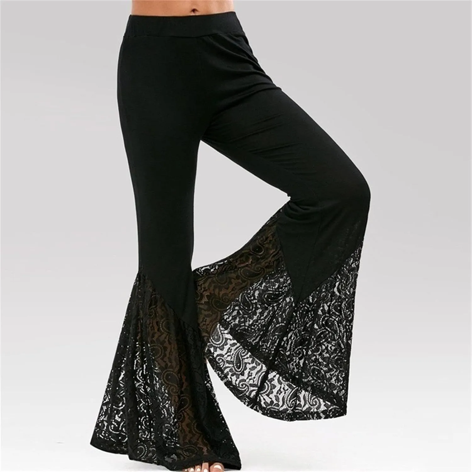 Women's Flare Slim Fit Hip Lift Wide Leg Print Stretch Bell Bottom High Waist Trousers Boho Lace Panel Pants