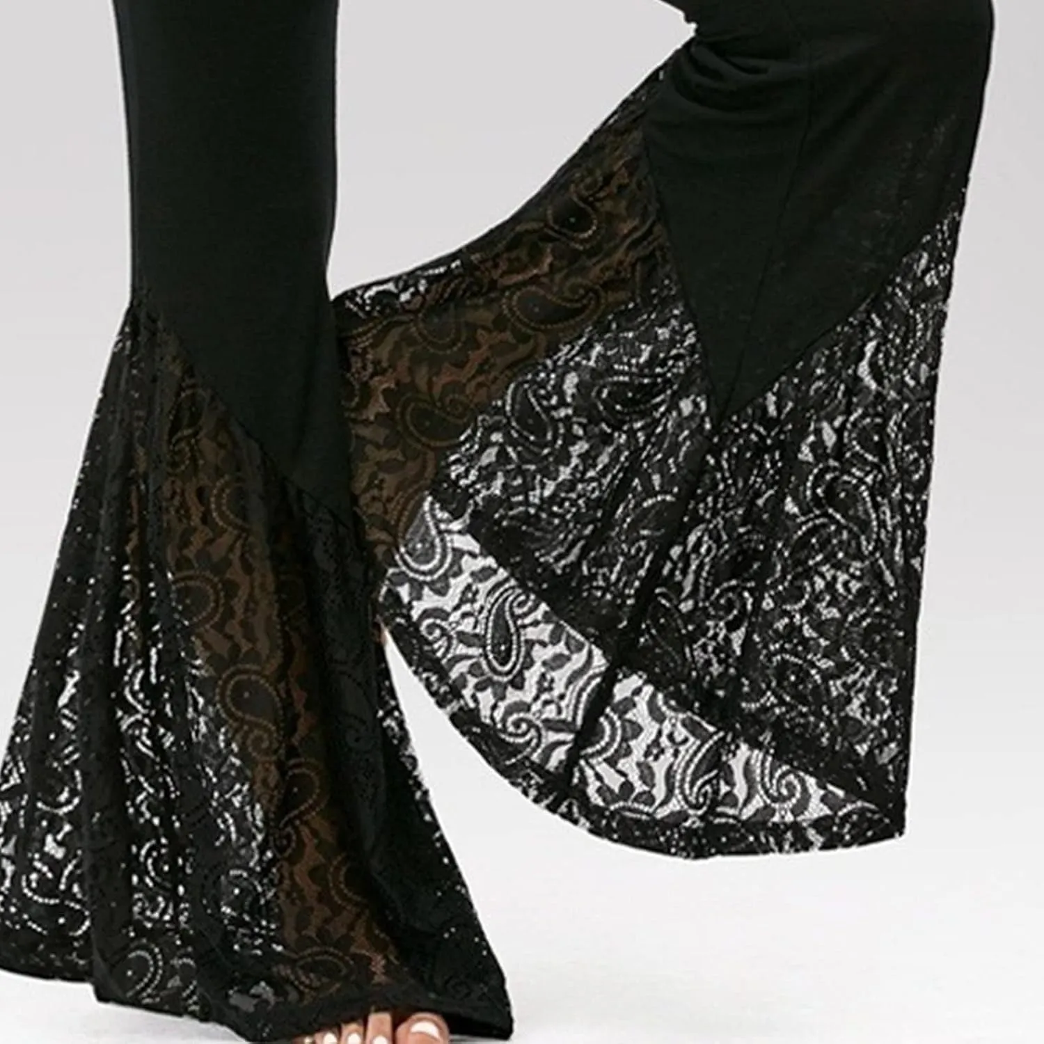 Women's Flare Slim Fit Hip Lift Wide Leg Print Stretch Bell Bottom High Waist Trousers Boho Lace Panel Pants