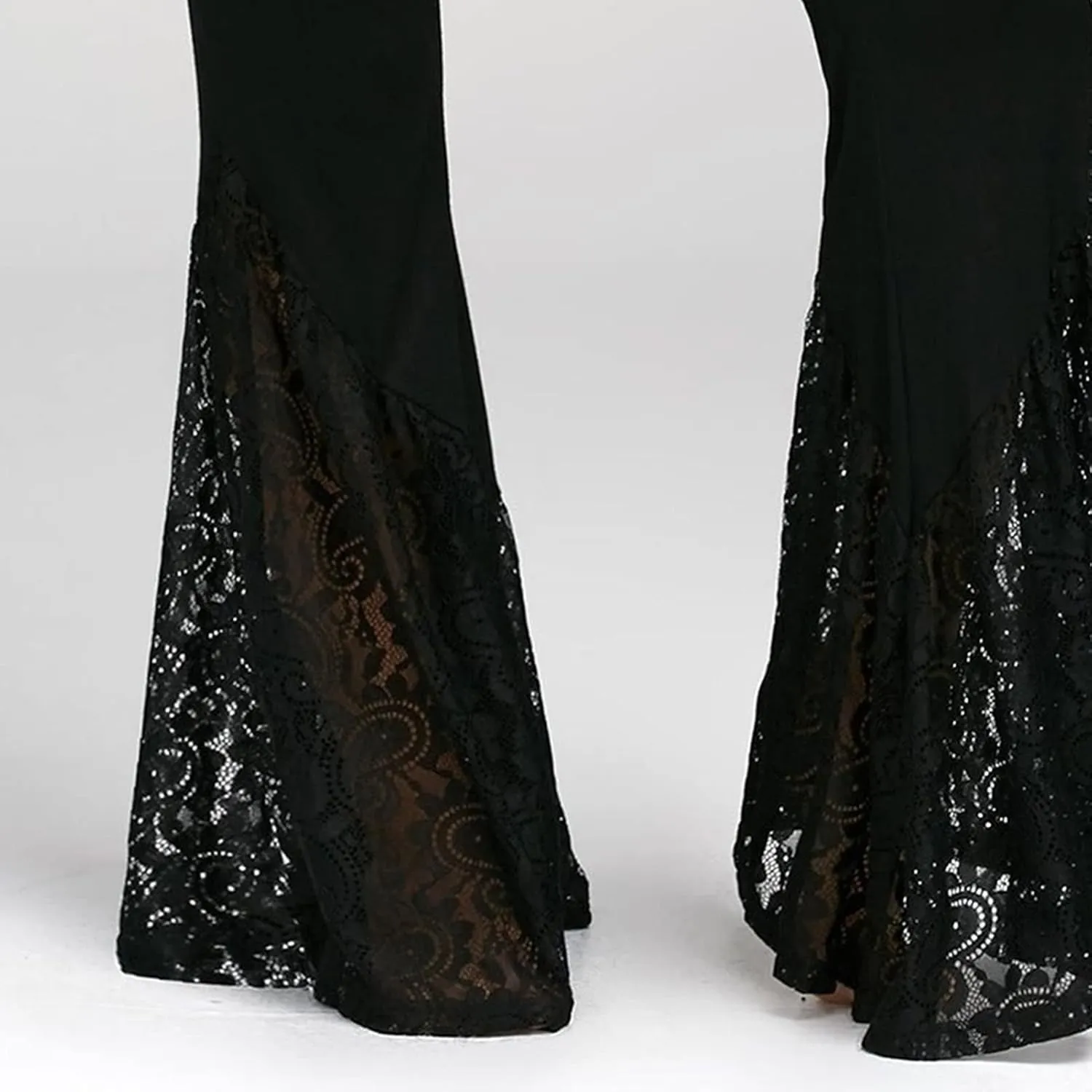 Women's Flare Slim Fit Hip Lift Wide Leg Print Stretch Bell Bottom High Waist Trousers Boho Lace Panel Pants