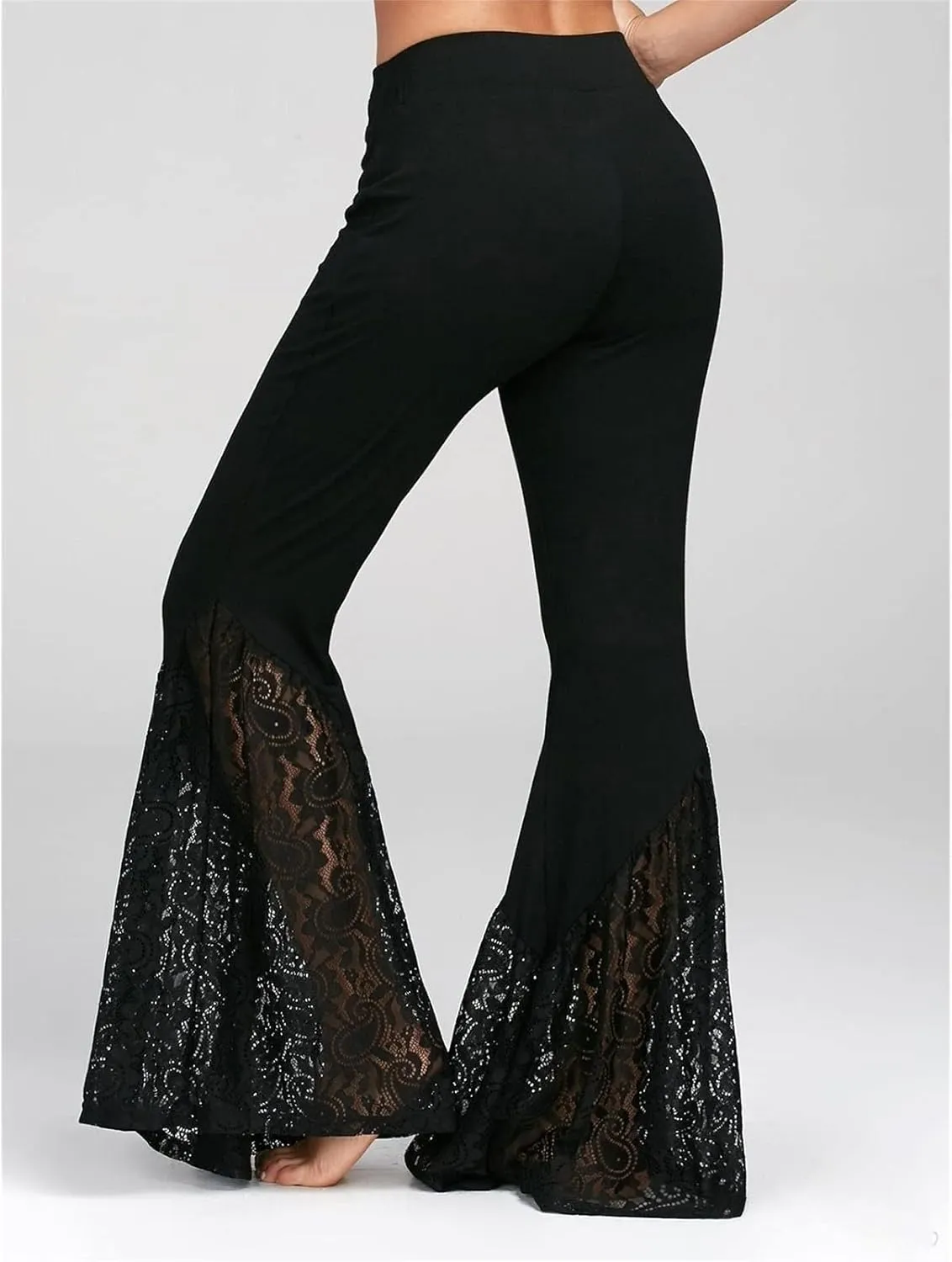 Women's Flare Slim Fit Hip Lift Wide Leg Print Stretch Bell Bottom High Waist Trousers Boho Lace Panel Pants