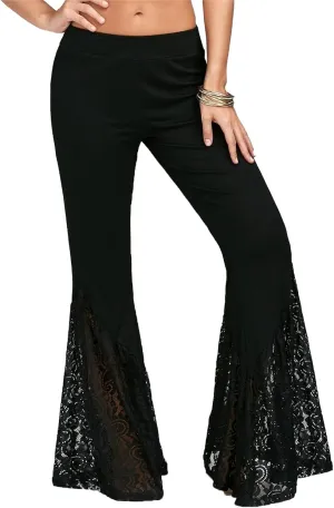 Women's Flare Slim Fit Hip Lift Wide Leg Print Stretch Bell Bottom High Waist Trousers Boho Lace Panel Pants