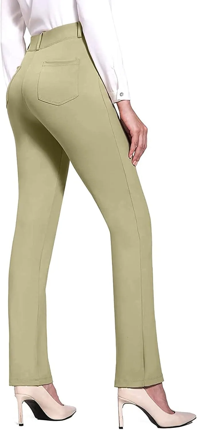 Women's Flared Pants Solid Color High Waist Elastic Trousers Classic Work Yoga Pants Business Slacks with Pockets