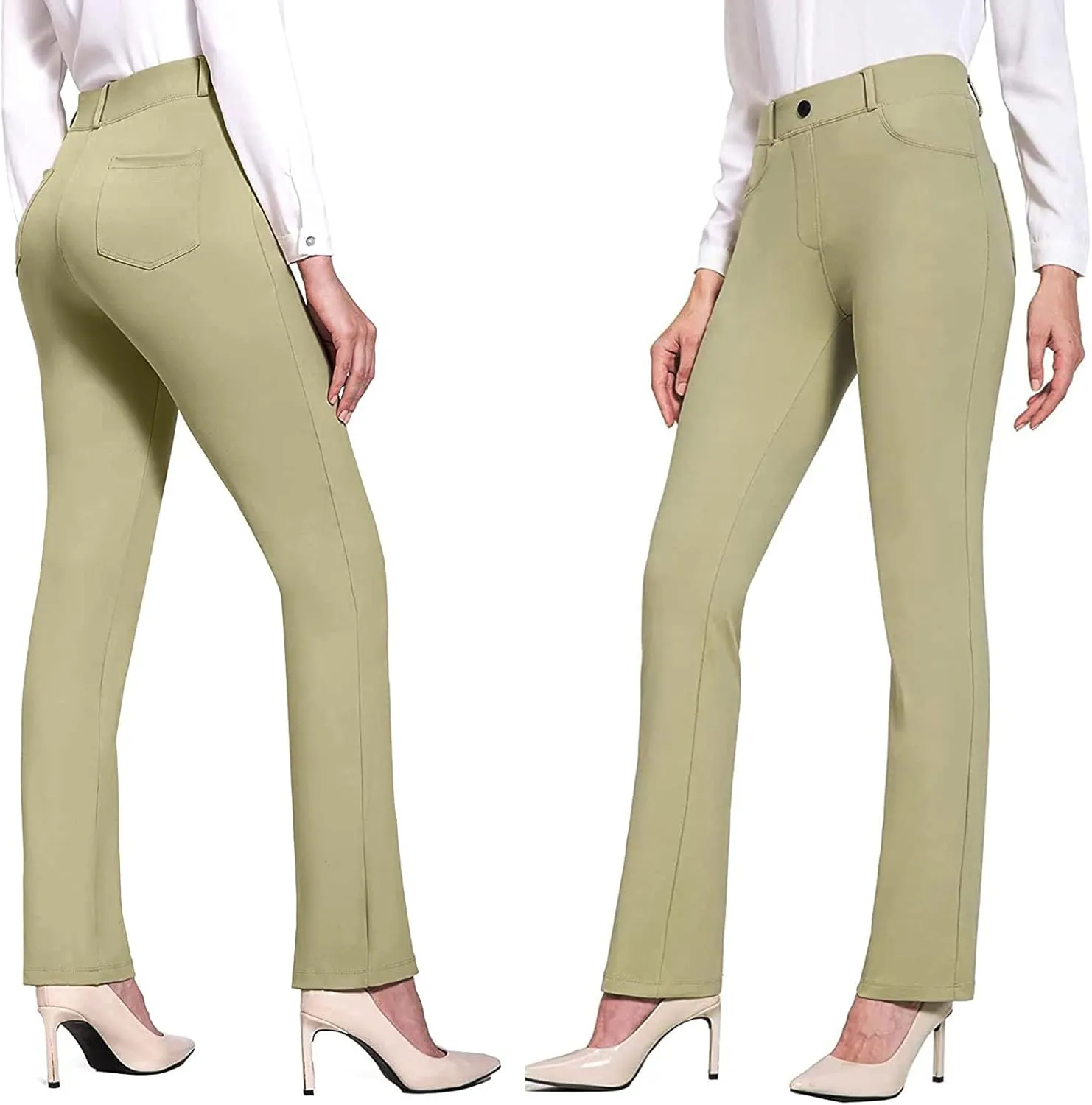 Women's Flared Pants Solid Color High Waist Elastic Trousers Classic Work Yoga Pants Business Slacks with Pockets