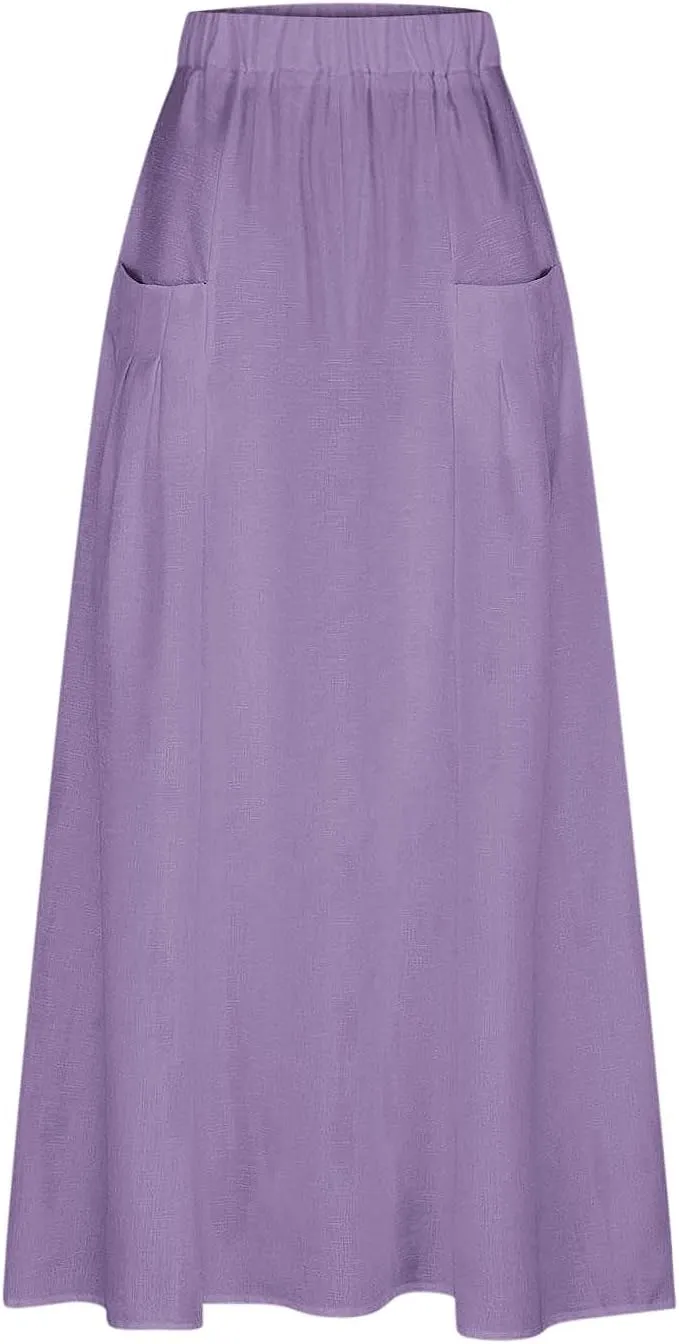 Women's Flowy Maxi Skirt Ankle Length High Waist A-line Skirts Summer Casual Flowy Long Skirts with Pockets