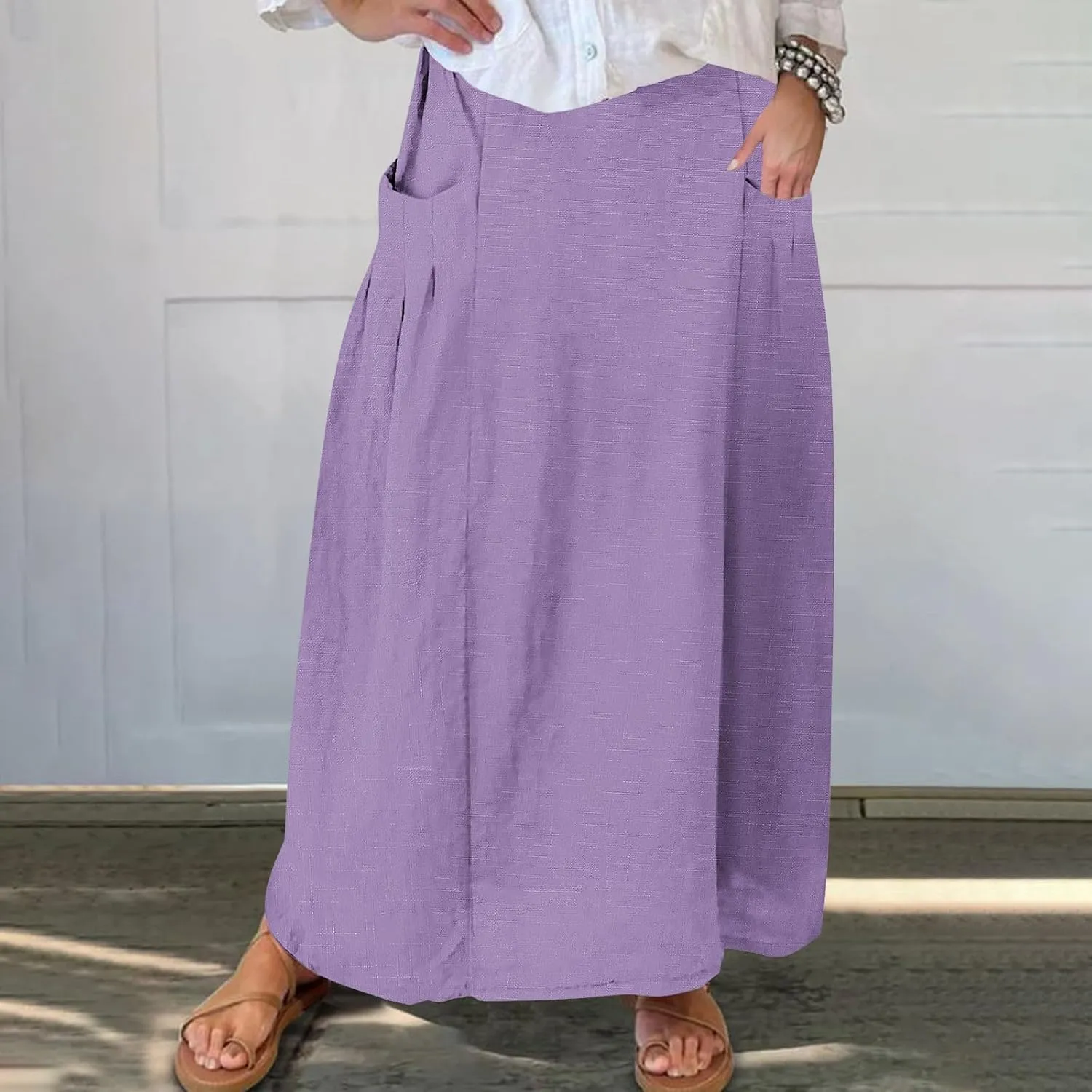 Women's Flowy Maxi Skirt Ankle Length High Waist A-line Skirts Summer Casual Flowy Long Skirts with Pockets