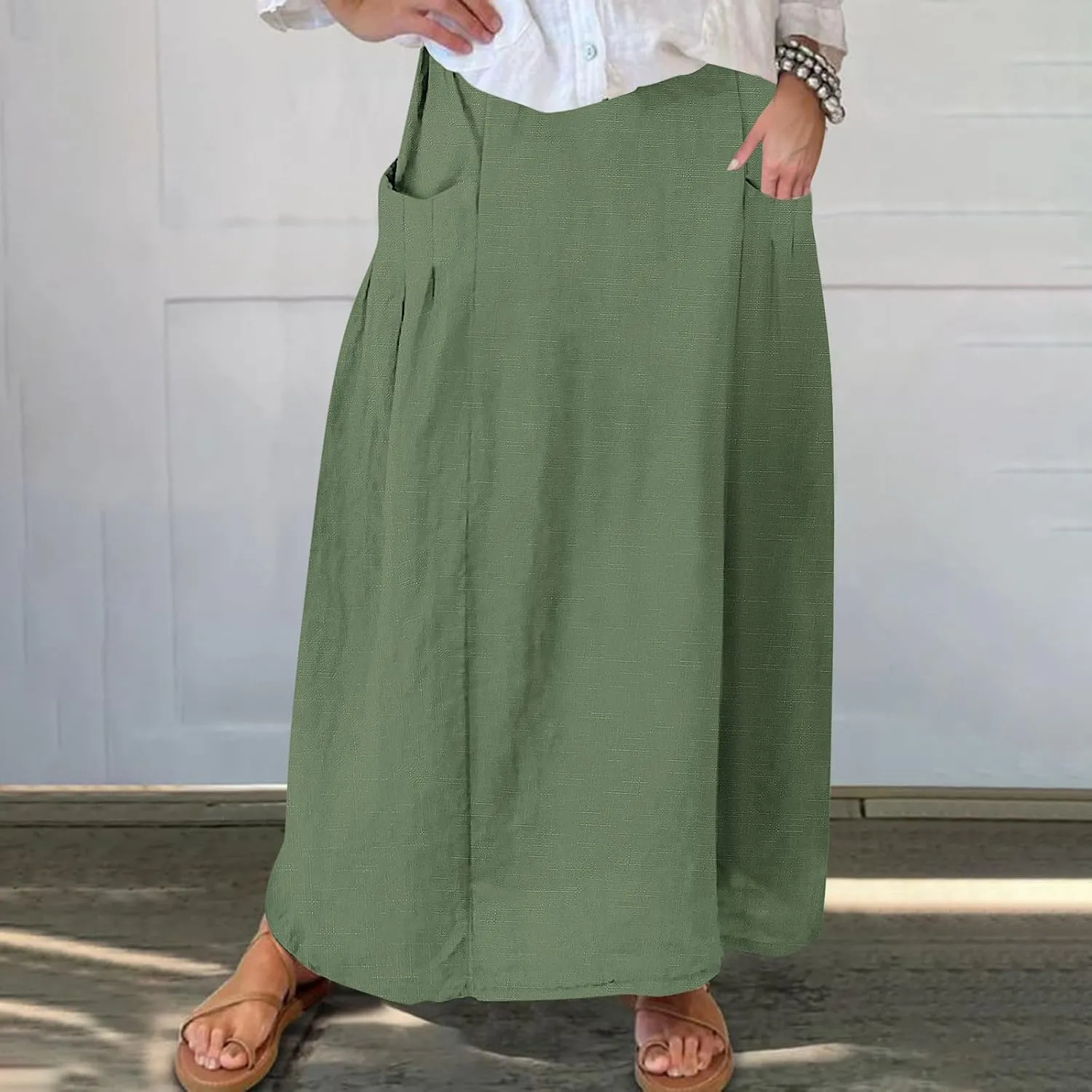 Women's Flowy Maxi Skirt Ankle Length High Waist A-line Skirts Summer Casual Flowy Long Skirts with Pockets