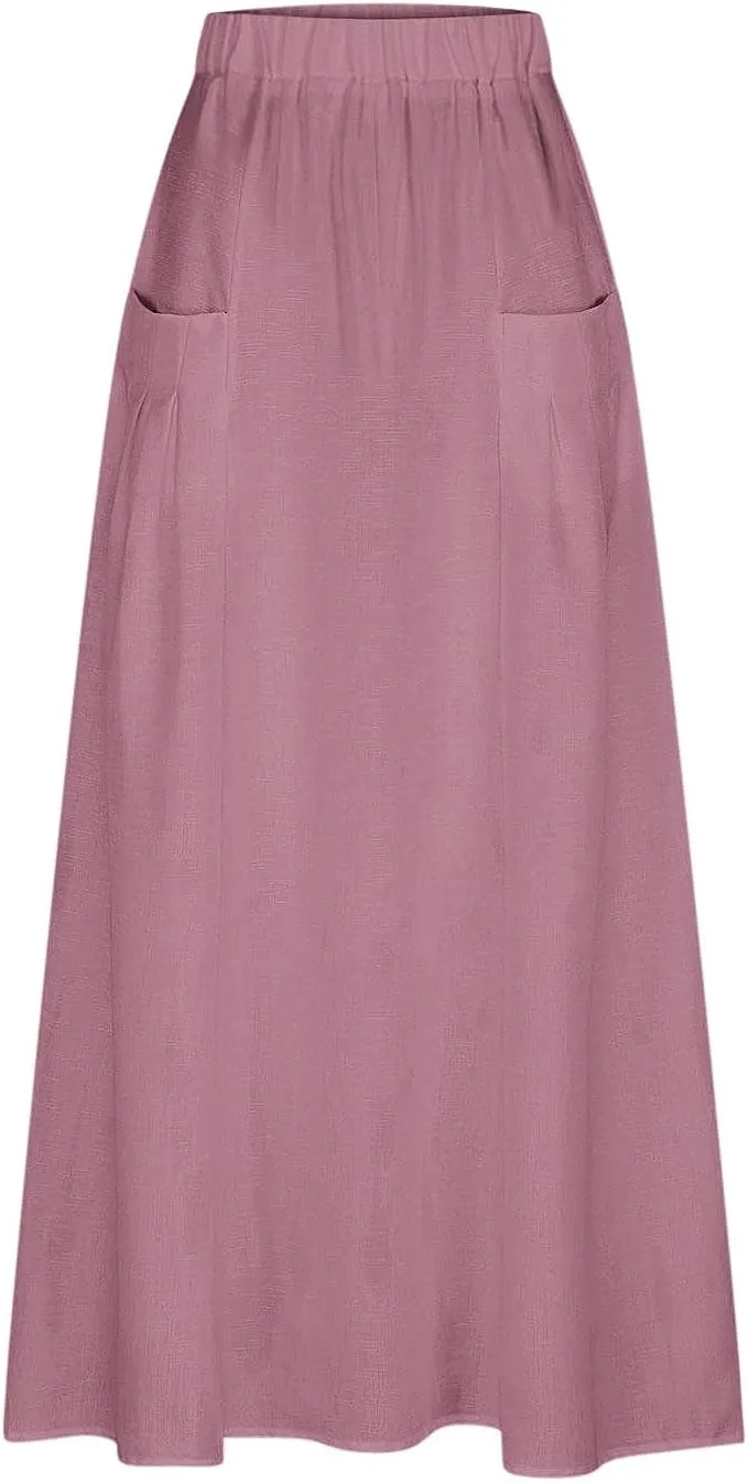 Women's Flowy Maxi Skirt Ankle Length High Waist A-line Skirts Summer Casual Flowy Long Skirts with Pockets