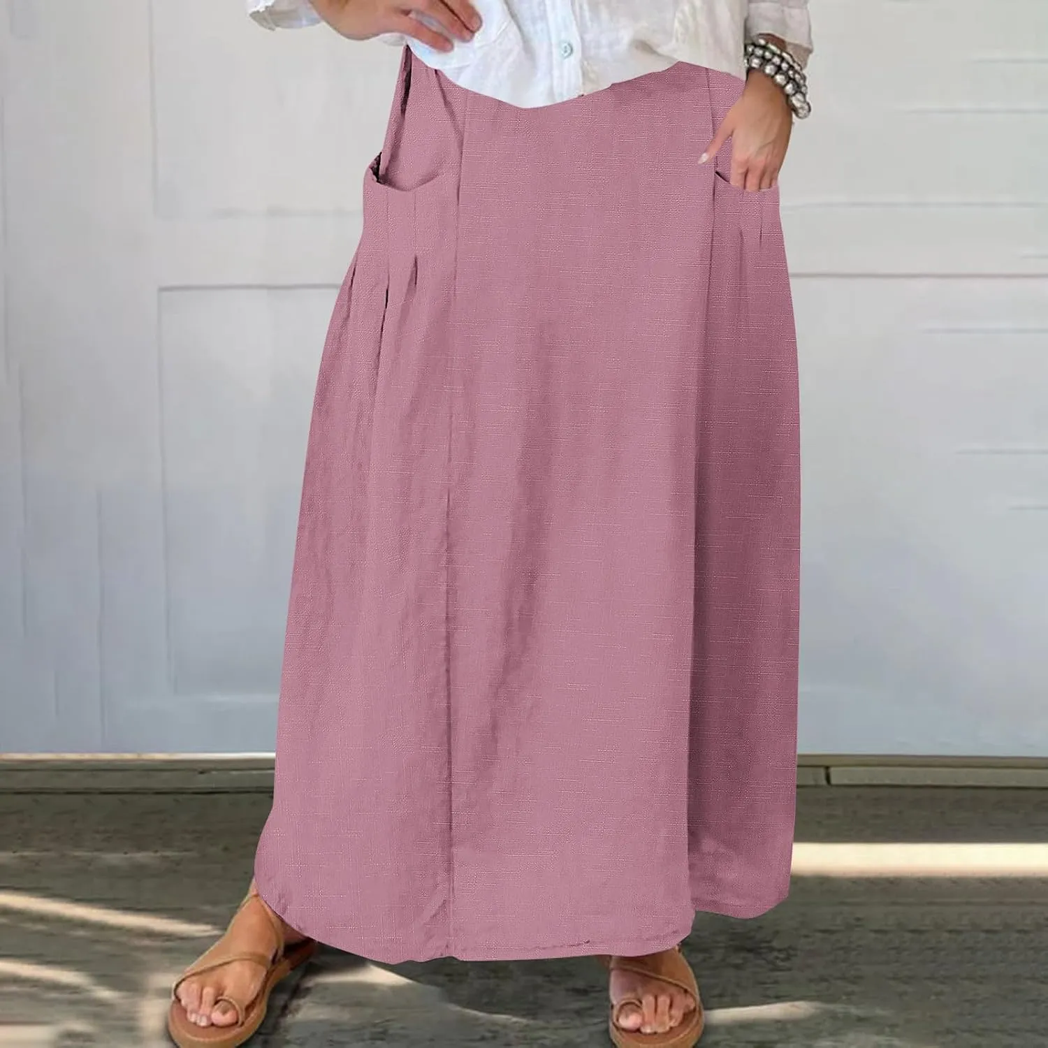 Women's Flowy Maxi Skirt Ankle Length High Waist A-line Skirts Summer Casual Flowy Long Skirts with Pockets