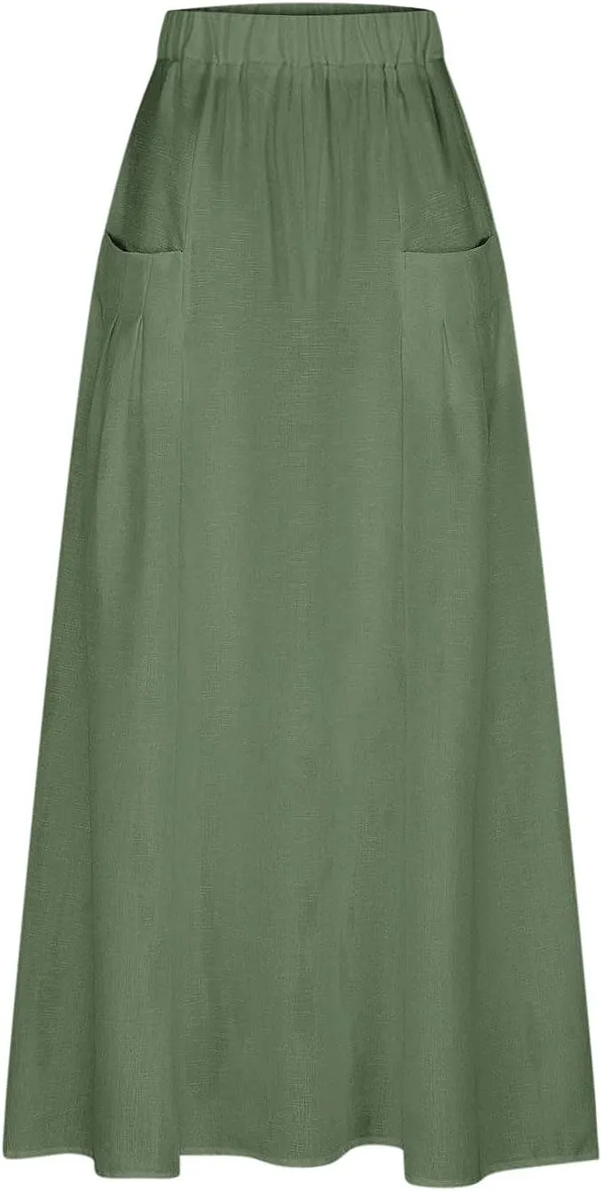 Women's Flowy Maxi Skirt Ankle Length High Waist A-line Skirts Summer Casual Flowy Long Skirts with Pockets