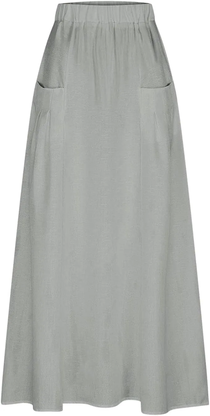 Women's Flowy Maxi Skirt Ankle Length High Waist A-line Skirts Summer Casual Flowy Long Skirts with Pockets