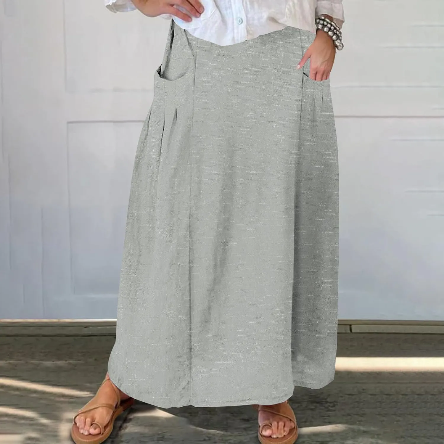 Women's Flowy Maxi Skirt Ankle Length High Waist A-line Skirts Summer Casual Flowy Long Skirts with Pockets