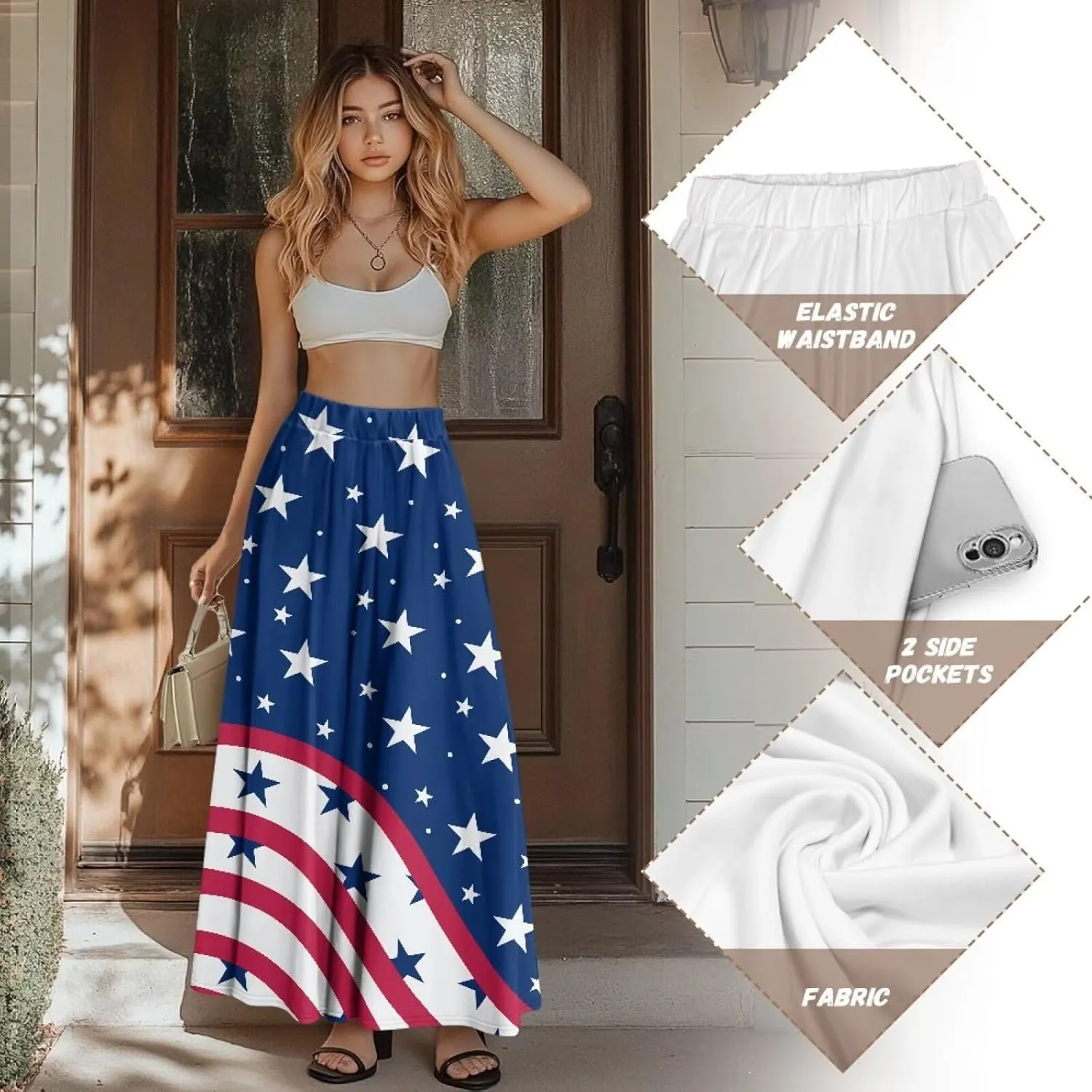 Women's Flowy Maxi Skirt High Waist Leopard Skirts with Pockets Elegant Going Out Work Party A-Line Skirt Summer