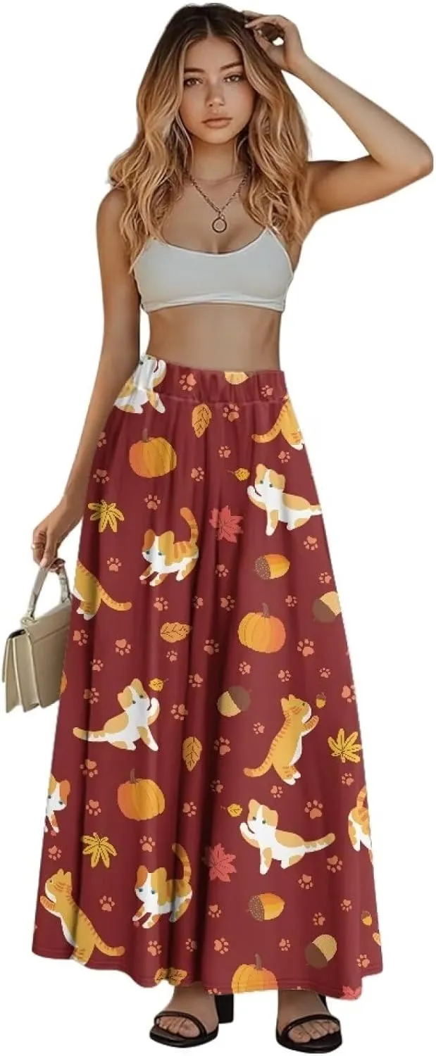 Women's Flowy Maxi Skirt High Waisted Casual Stretch Skirts with Pockets Full Length Skirt for Party Festival S-2XL