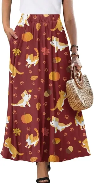 Women's Flowy Maxi Skirt High Waisted Casual Stretch Skirts with Pockets Full Length Skirt for Party Festival S-2XL