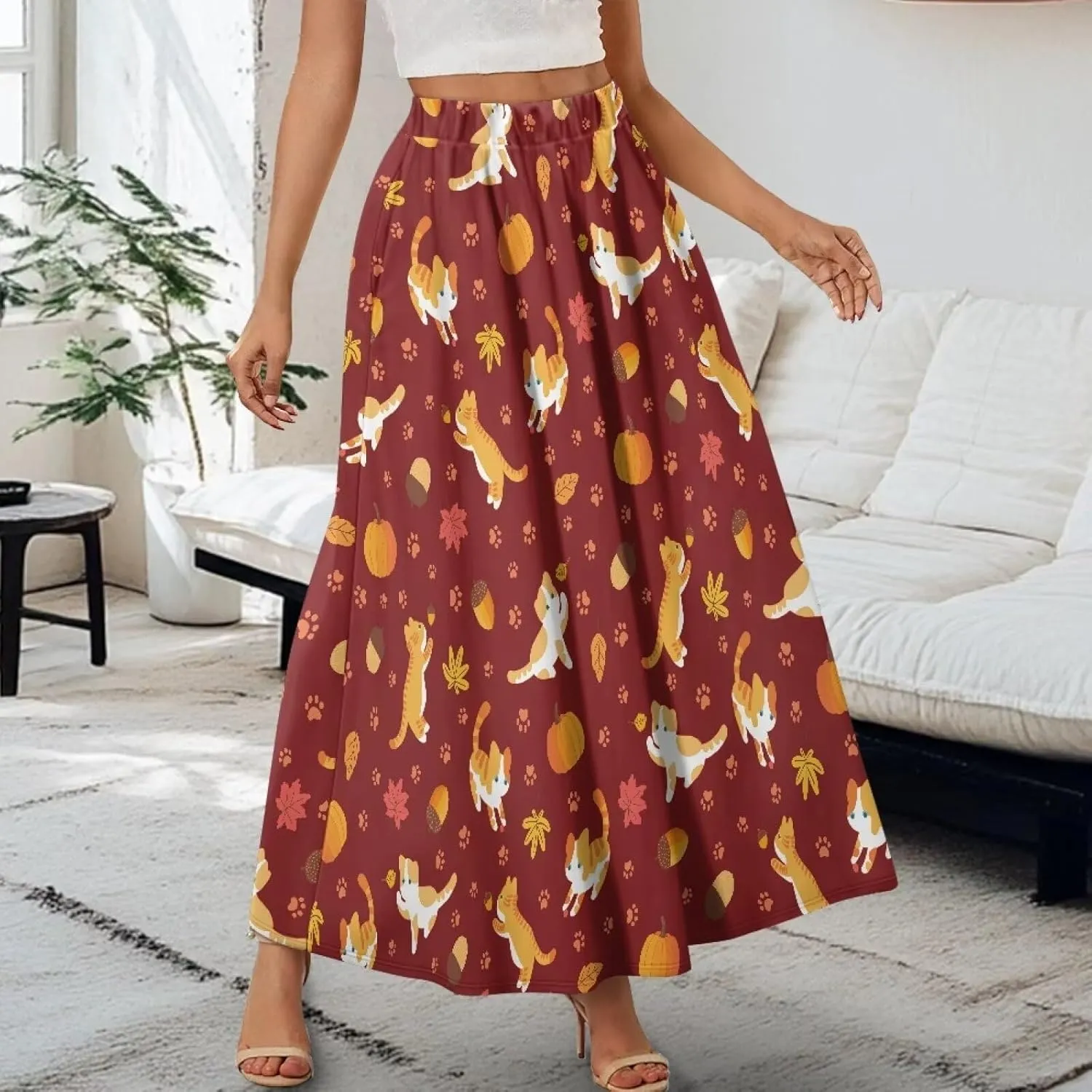 Women's Flowy Maxi Skirt High Waisted Casual Stretch Skirts with Pockets Full Length Skirt for Party Festival S-2XL