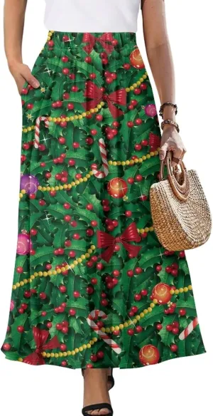 Women's Flowy Maxi Skirt High Waisted Casual Stretch Skirts with Pockets Full Length Skirt for Party Festival S-2XL