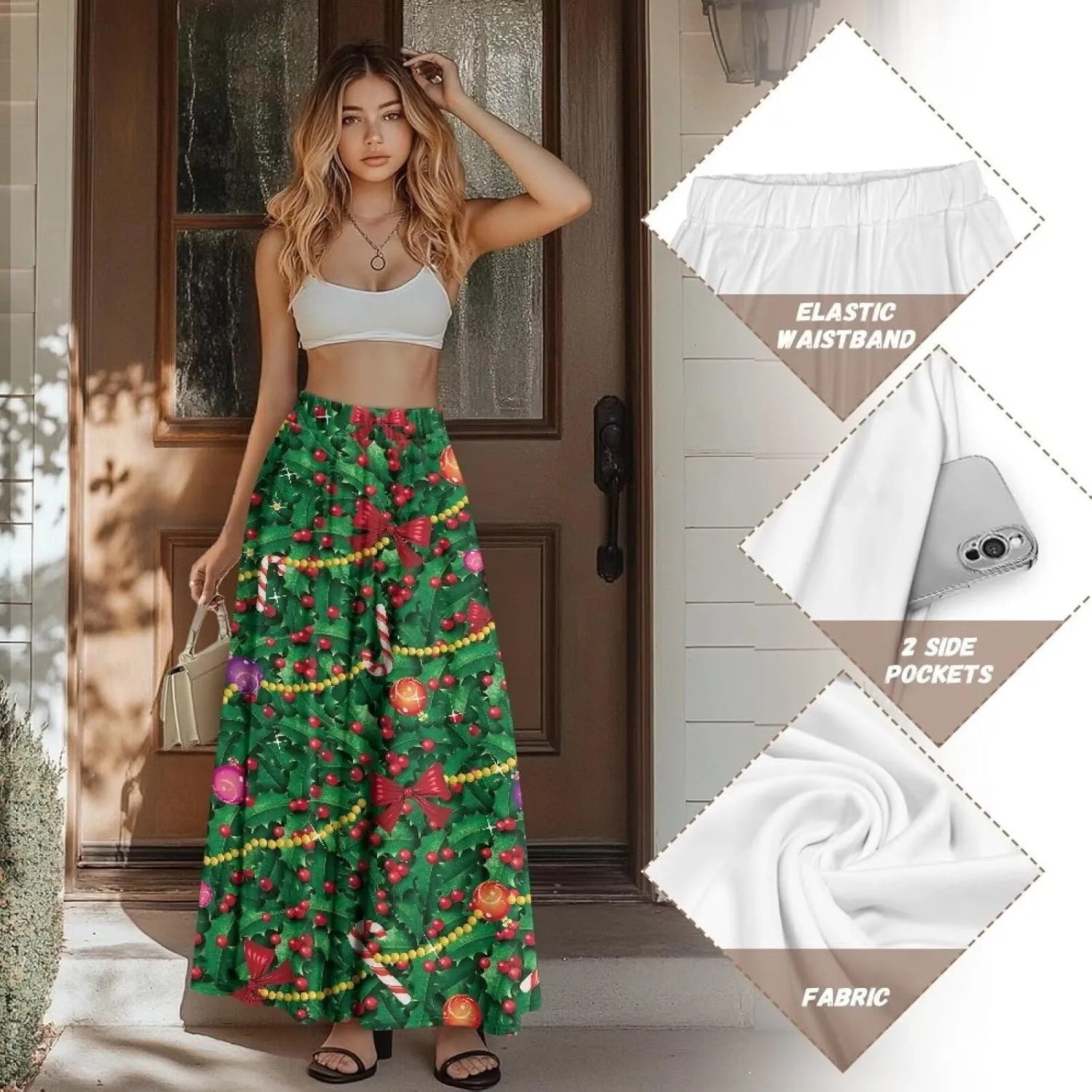 Women's Flowy Maxi Skirt High Waisted Casual Stretch Skirts with Pockets Full Length Skirt for Party Festival S-2XL