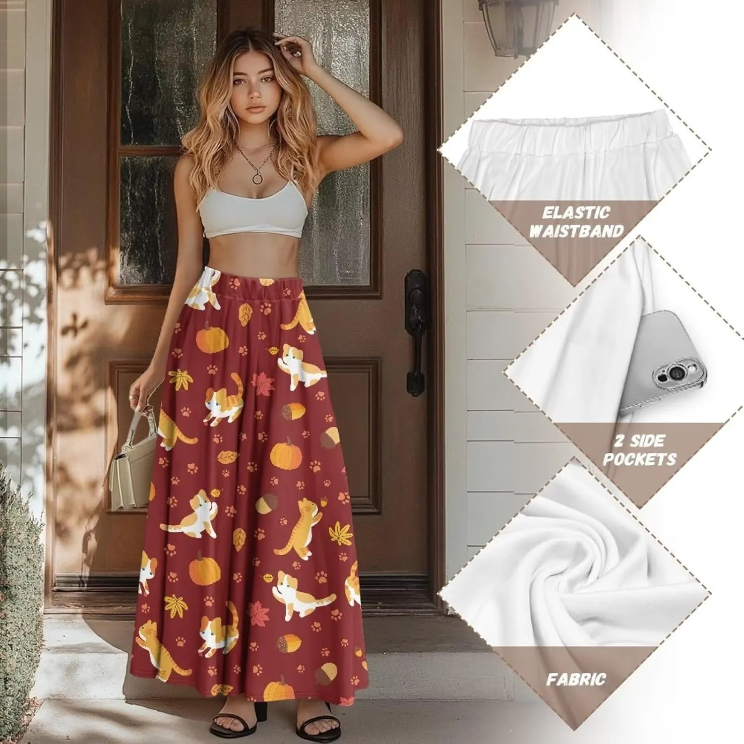 Women's Flowy Maxi Skirt High Waisted Casual Stretch Skirts with Pockets Full Length Skirt for Party Festival S-2XL