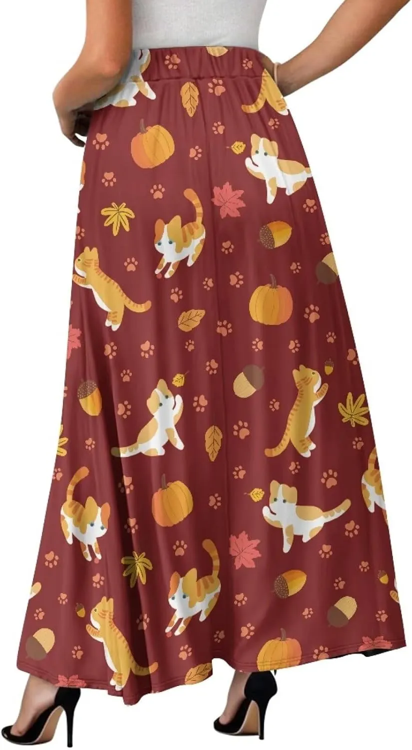Women's Flowy Maxi Skirt High Waisted Casual Stretch Skirts with Pockets Full Length Skirt for Party Festival S-2XL