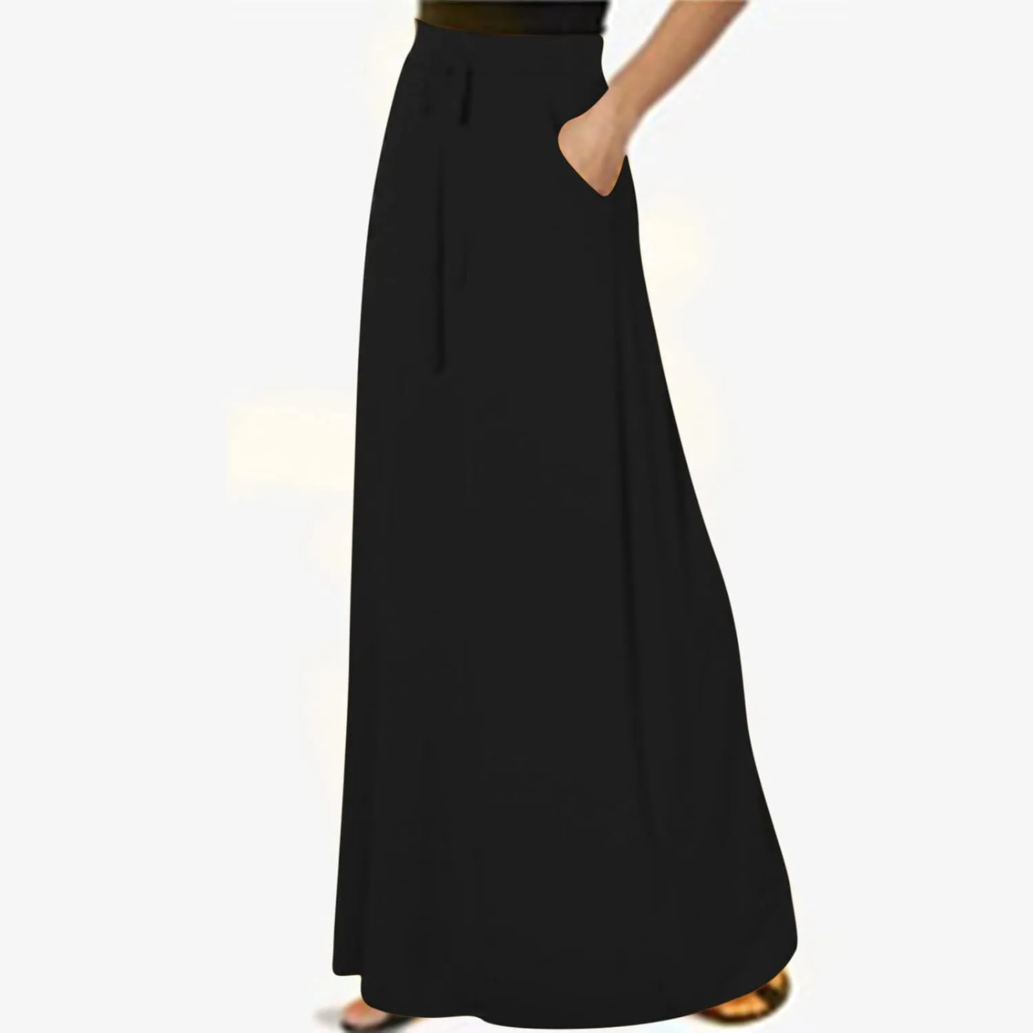 Womens High Elastic Waist Maxi Skirts Basic Drawstring Ankle Length Skirts Ladies A Line Solid Skirts with Pockets