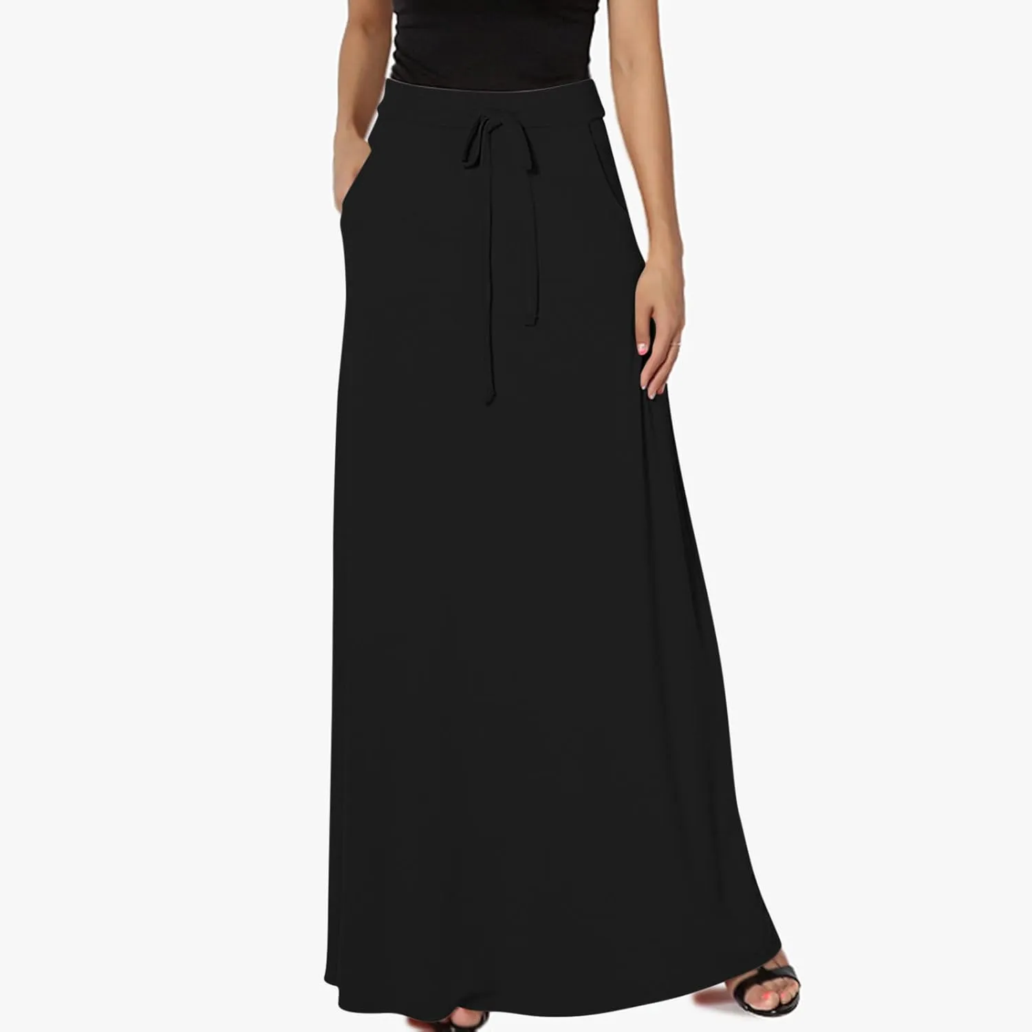 Womens High Elastic Waist Maxi Skirts Basic Drawstring Ankle Length Skirts Ladies A Line Solid Skirts with Pockets
