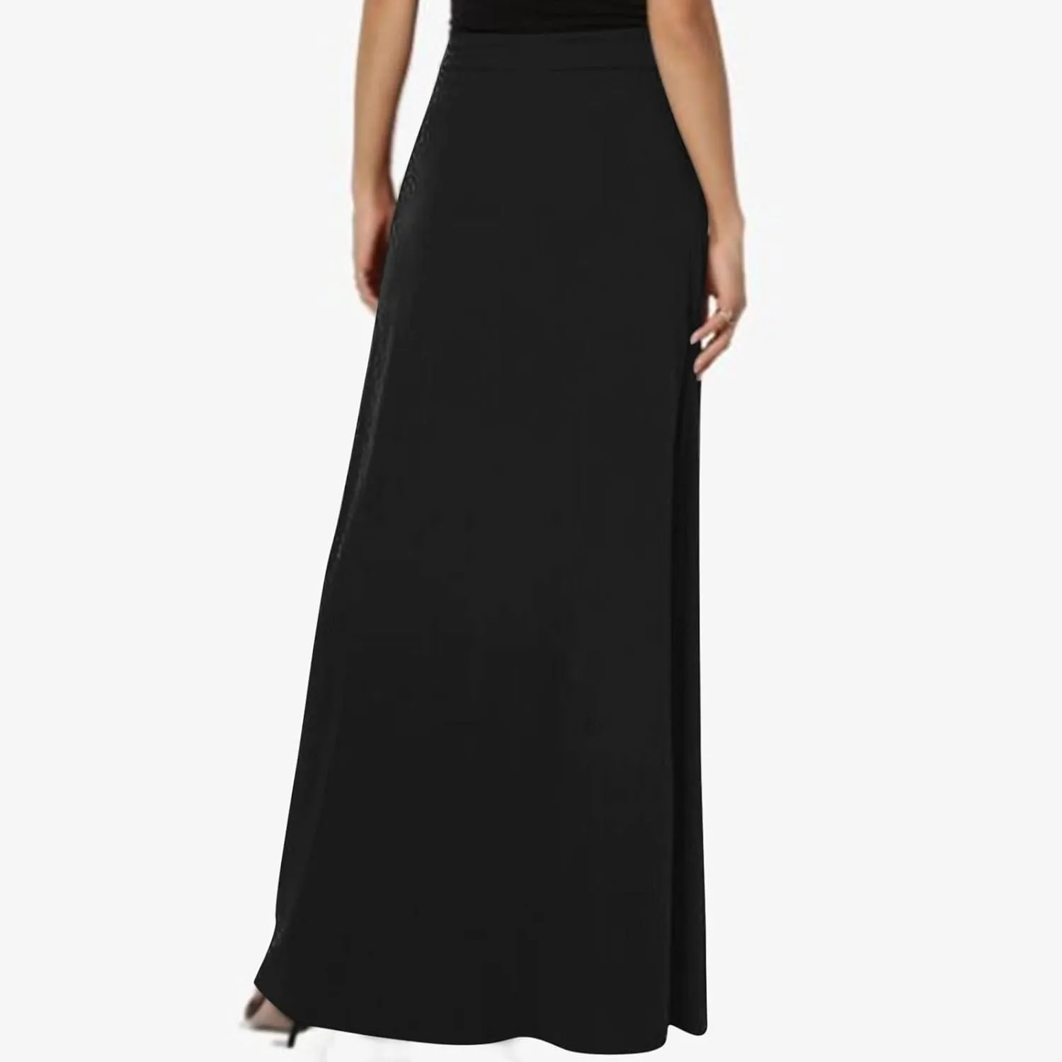 Womens High Elastic Waist Maxi Skirts Basic Drawstring Ankle Length Skirts Ladies A Line Solid Skirts with Pockets