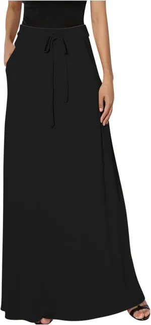 Womens High Elastic Waist Maxi Skirts Basic Drawstring Ankle Length Skirts Ladies A Line Solid Skirts with Pockets