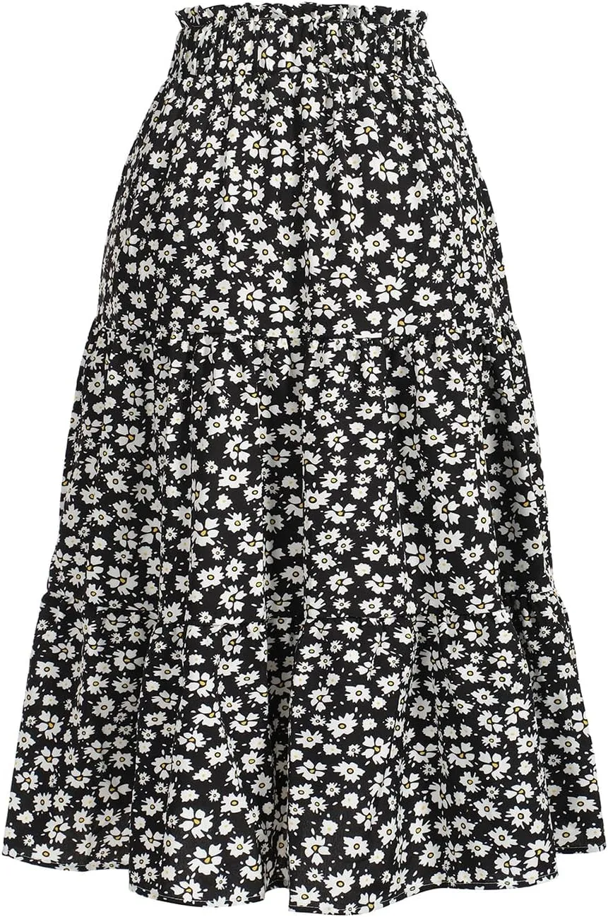 Women's High Elastic Waist Midi Skirt Casual Summer Trendy Tie Front Flowy Ruffle Floral Print A line Skirts 626