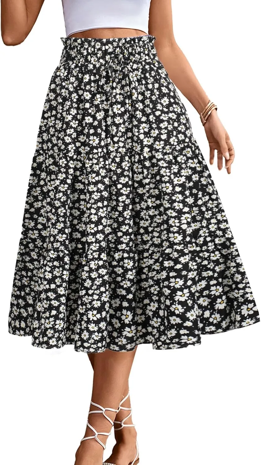 Women's High Elastic Waist Midi Skirt Casual Summer Trendy Tie Front Flowy Ruffle Floral Print A line Skirts 626