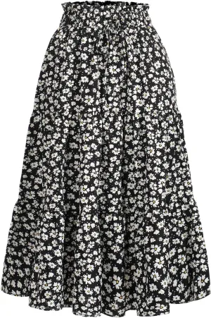 Women's High Elastic Waist Midi Skirt Casual Summer Trendy Tie Front Flowy Ruffle Floral Print A line Skirts 626