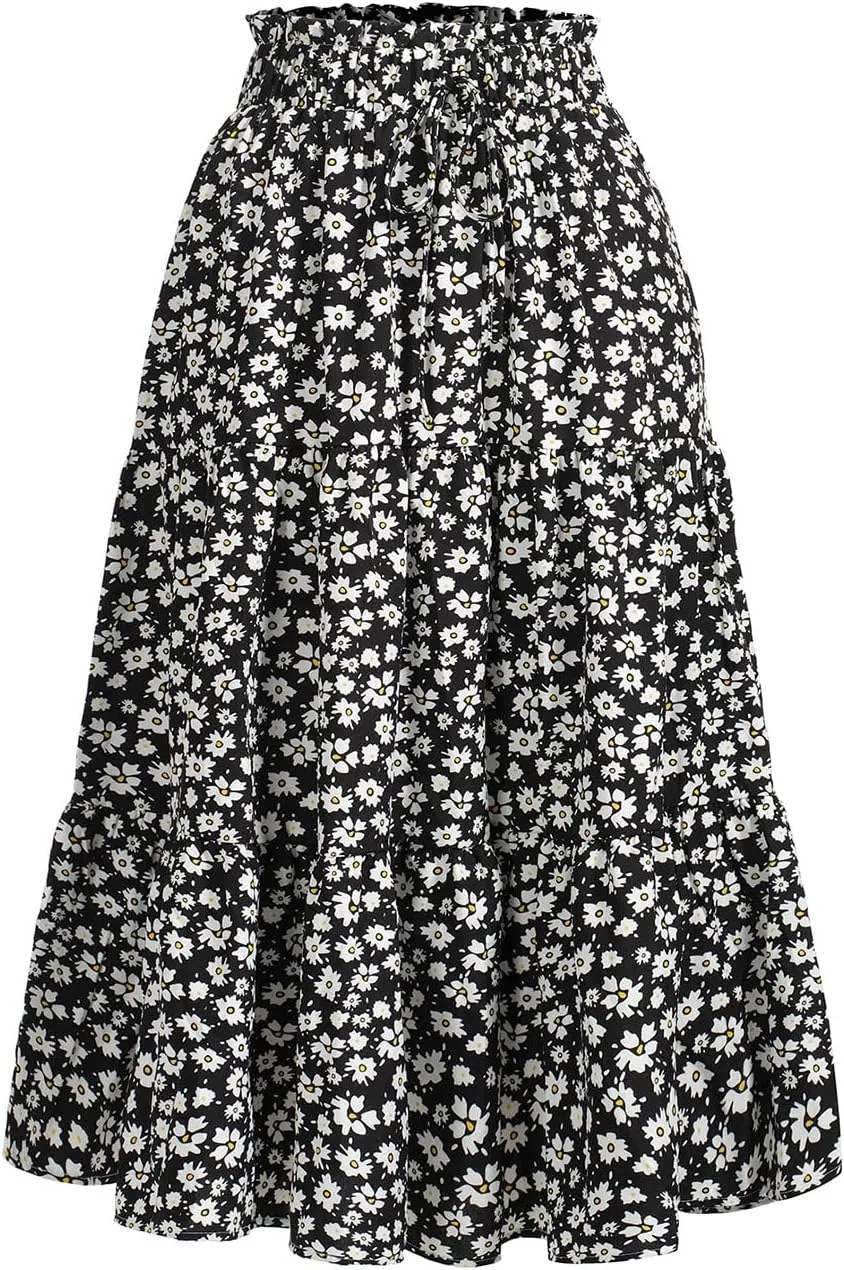 Women's High Elastic Waist Midi Skirt Casual Summer Trendy Tie Front Flowy Ruffle Floral Print A line Skirts 626