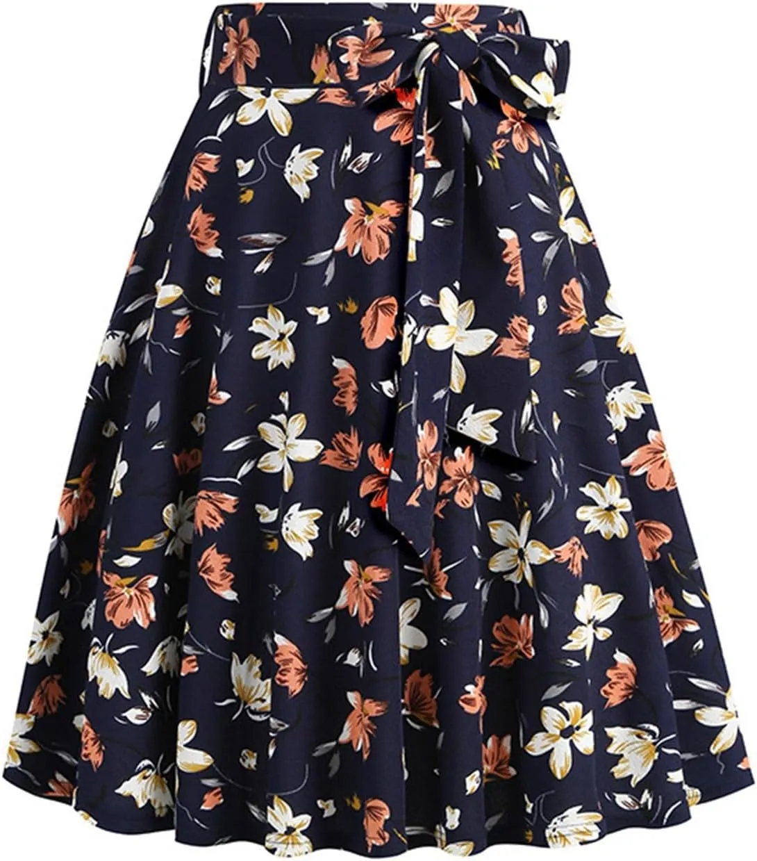 Women's High Waist A-Line Skirts Vintage Floral Print Flared Skirt 1950s Belted Midi Skirt Knee Length Skirts