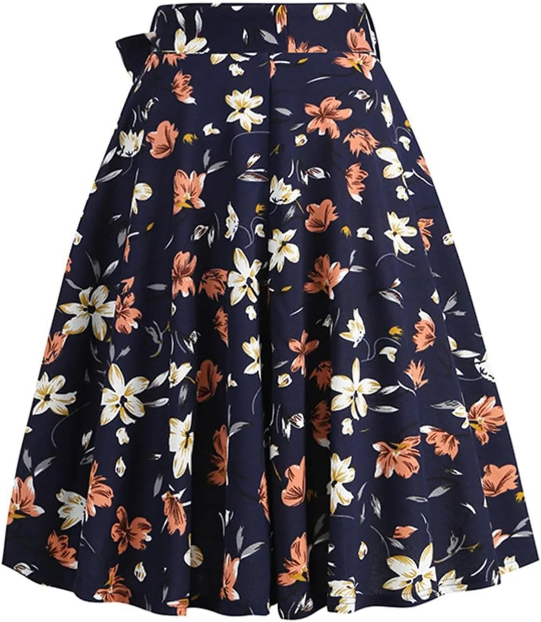 Women's High Waist A-Line Skirts Vintage Floral Print Flared Skirt 1950s Belted Midi Skirt Knee Length Skirts