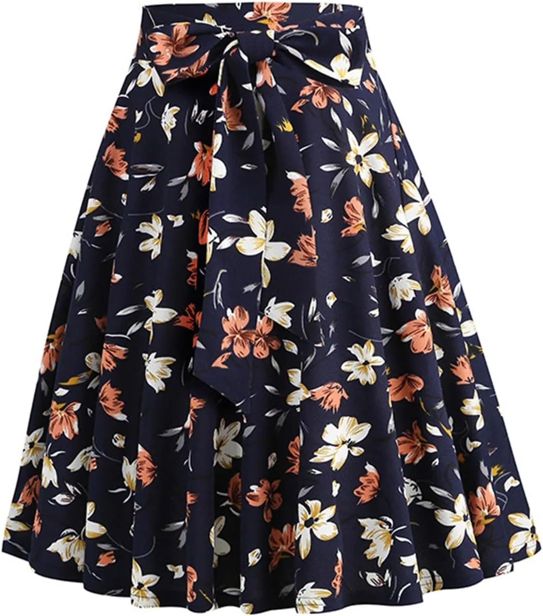 Women's High Waist A-Line Skirts Vintage Floral Print Flared Skirt 1950s Belted Midi Skirt Knee Length Skirts