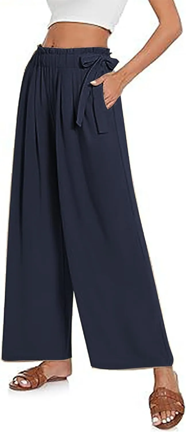 Women's High Waist Elastic Pants Summer Loose Wide Leg Trousers Flowy Beach Side Tie Knot Lounge Pants with Pockets