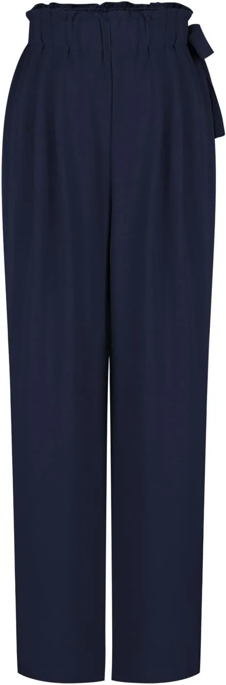 Women's High Waist Elastic Pants Summer Loose Wide Leg Trousers Flowy Beach Side Tie Knot Lounge Pants with Pockets