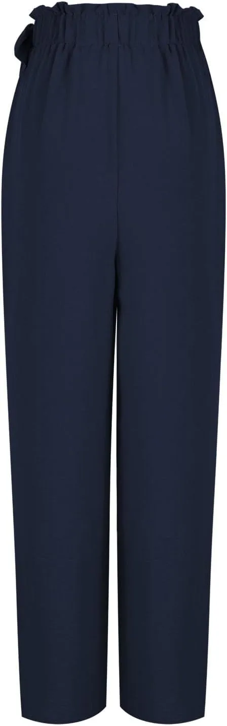 Women's High Waist Elastic Pants Summer Loose Wide Leg Trousers Flowy Beach Side Tie Knot Lounge Pants with Pockets