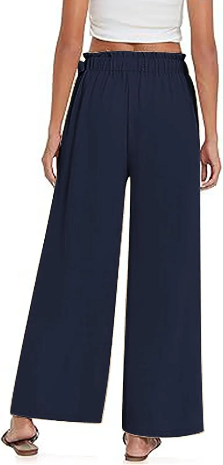 Women's High Waist Elastic Pants Summer Loose Wide Leg Trousers Flowy Beach Side Tie Knot Lounge Pants with Pockets