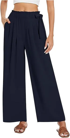 Women's High Waist Elastic Pants Summer Loose Wide Leg Trousers Flowy Beach Side Tie Knot Lounge Pants with Pockets