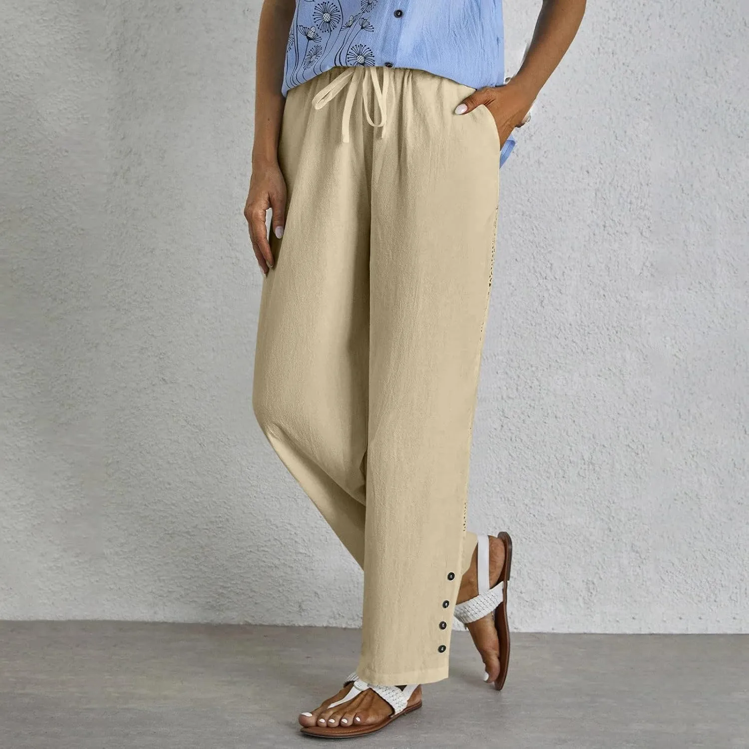 Womens High Waist Linen Pants Drawstring Elastic Waist Summer Casual Pants Loose Fit Lounge Trousers with Pockets