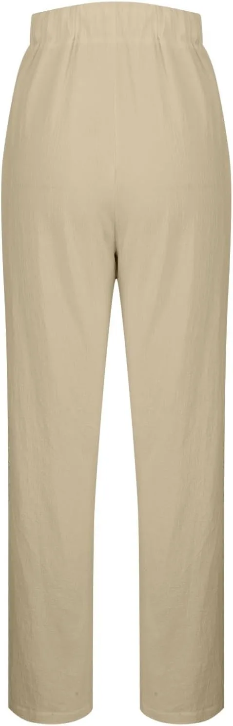 Womens High Waist Linen Pants Drawstring Elastic Waist Summer Casual Pants Loose Fit Lounge Trousers with Pockets