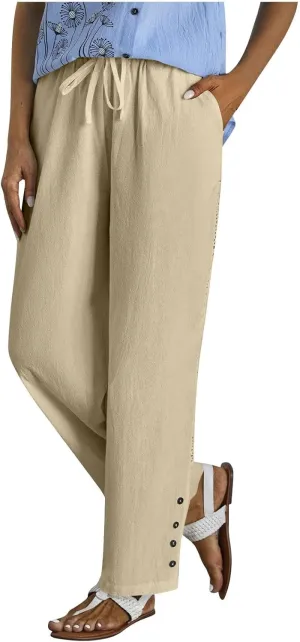 Womens High Waist Linen Pants Drawstring Elastic Waist Summer Casual Pants Loose Fit Lounge Trousers with Pockets