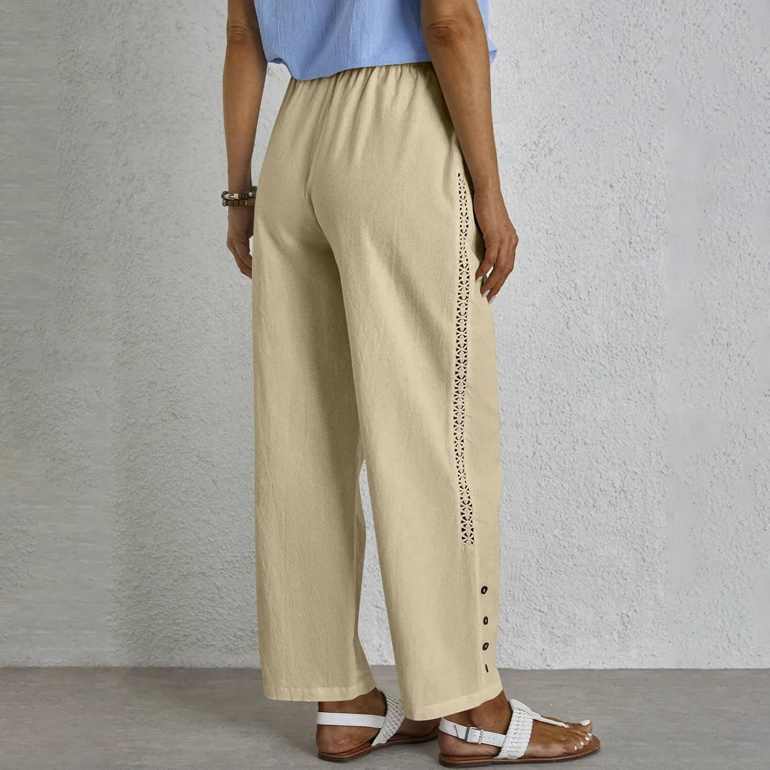 Womens High Waist Linen Pants Drawstring Elastic Waist Summer Casual Pants Loose Fit Lounge Trousers with Pockets