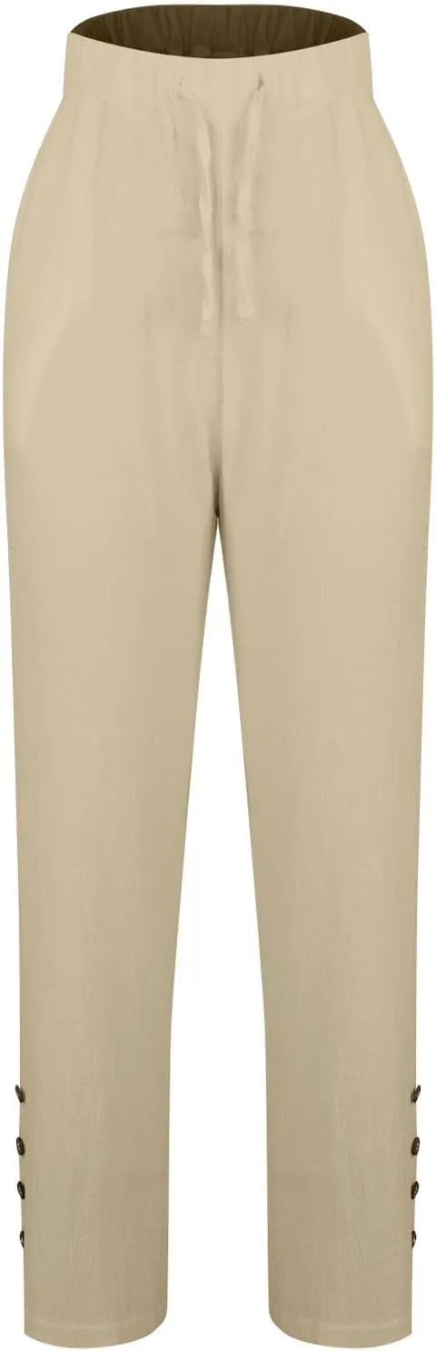 Womens High Waist Linen Pants Drawstring Elastic Waist Summer Casual Pants Loose Fit Lounge Trousers with Pockets