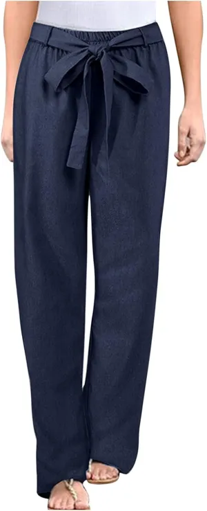 Women's Linen Blend Summer Casual Flowy Palazzo Lounge Pants Elastic Waisted Stretchy Straight Loose Fit