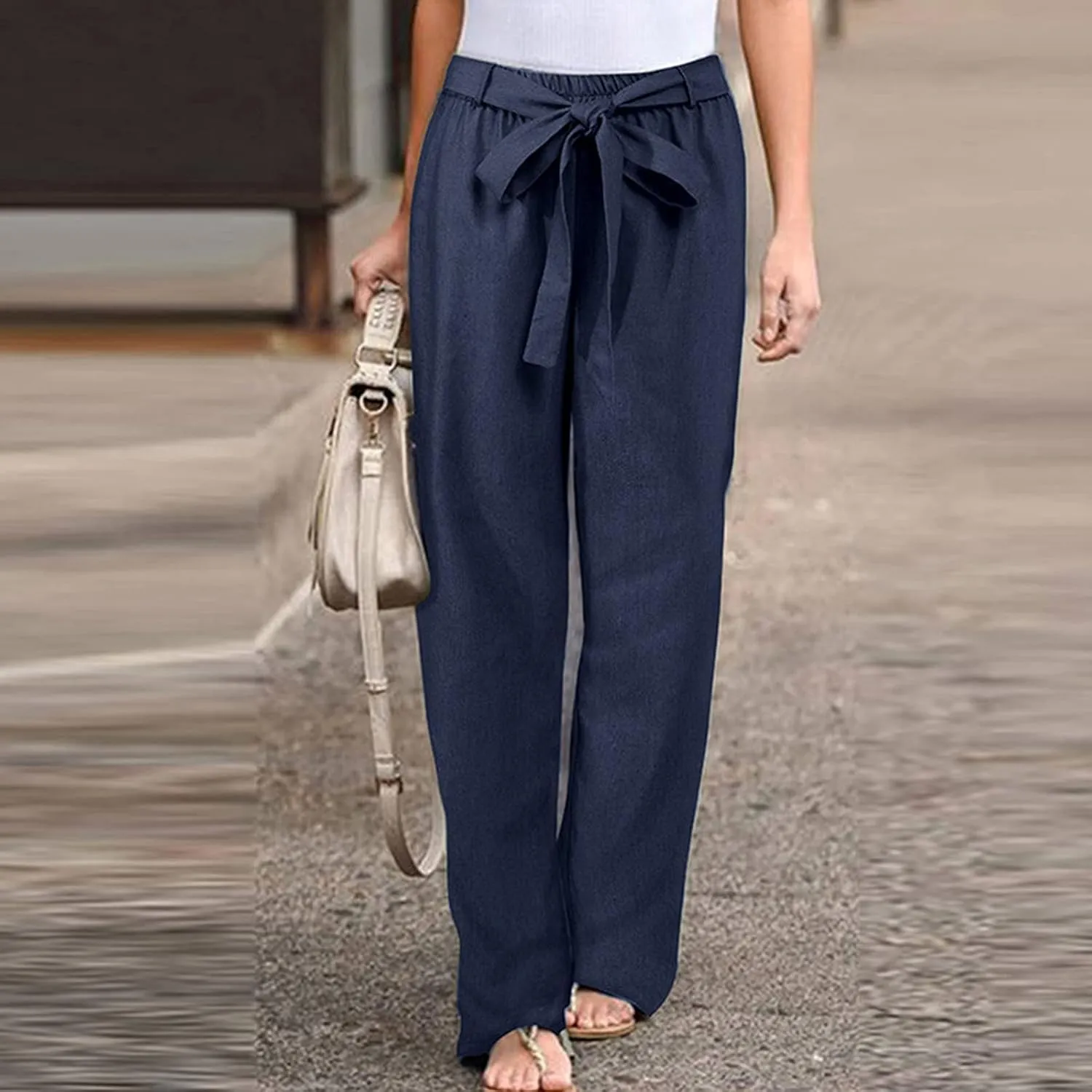 Women's Linen Blend Summer Casual Flowy Palazzo Lounge Pants Elastic Waisted Stretchy Straight Loose Fit
