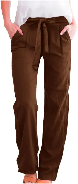 Women's Linen Blend Summer Casual Flowy Pants High Waist Lounge Pants Plus Size Trouser Vacation
